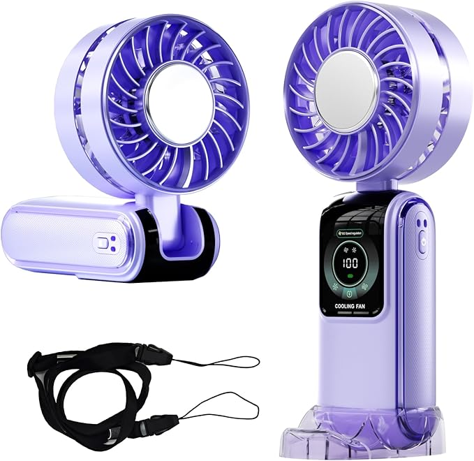 GZEduld Fantasy Purple Portable Handheld Fan with Stand & Lanyard, 5000mAh USB-C Rechargeable Battery, 12H Runtime 5-Speed LED Display Mini Fan for Outdoor Travel Beach Concerts