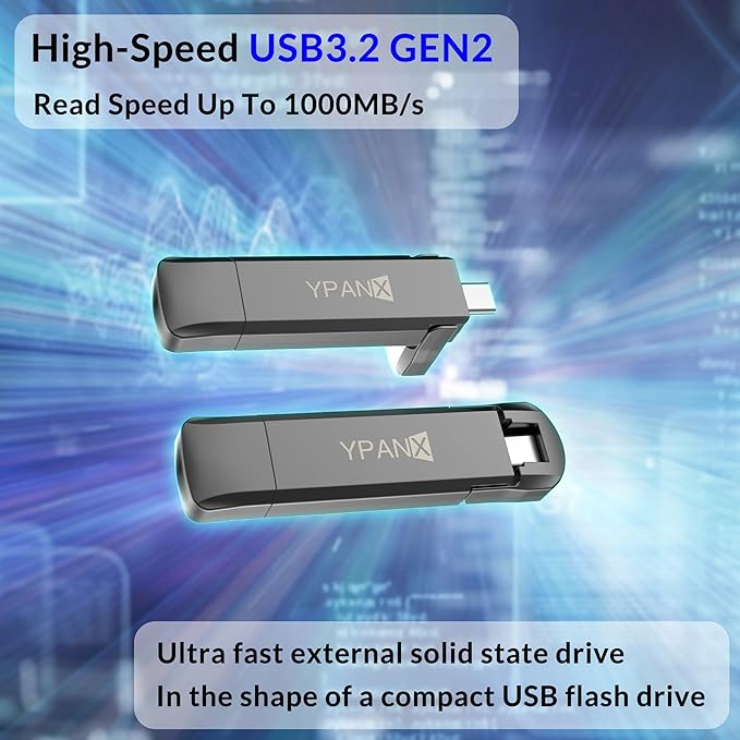 YPANX 256GB Pro Portable SSD, 1000MB/s Speed, USB 3.2 Gen 2 + Type C Dual-Port, Lightweight External SSD for iPhone 15/16/17/Pro/Pro Max, Android, Windows, Mac, Tablets