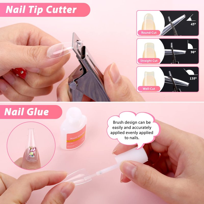 600PCS Clear Coffin Nail Tips Set Qinzave Clear Acrylic Nail Tips with Nail Glue Coffin Nails Full Cover with Nail Display Stand, Cuticle Nail Pusher Remover, Nail Files Buffer