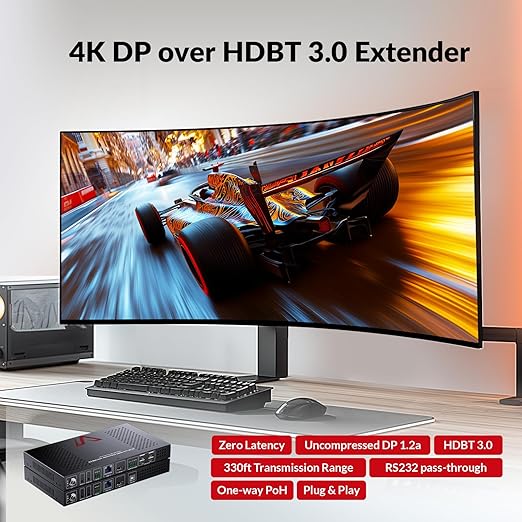 AV Access 4K DisplayPort KVM Extender DP Over Ethernet HDBaseT 3.0 PoE, Uncompressed 4K Transmission up to 100m/330ft, 144-240Hz, 4*USB 2.0 Ports, 2-Way Audio, Zero Latency (4KEX100-DP-Pro)
