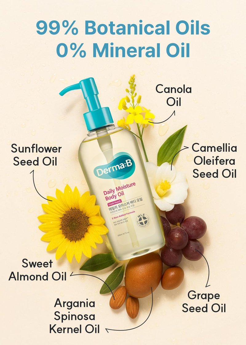 Derma B | Daily Moisture Body Oil | 99% Natural Argan & Sweet Almond Oil | Shower Oil for Dry Sensitive Skin | Light & Long-Lasting Hydration | Skin Body Care Oil with Peach Scent | 6.78 fl oz (200ml)