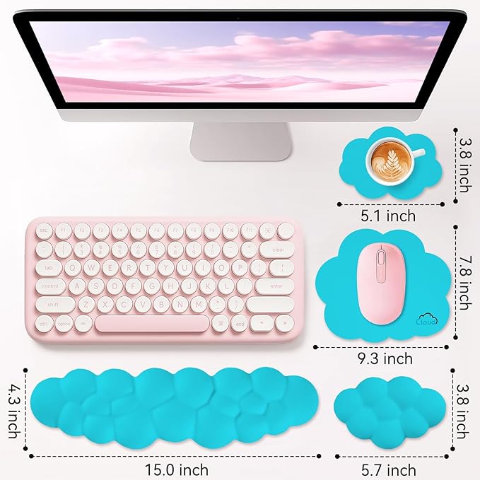 Sushret Cloud Wrist Rest for Computer Keyboard, 4-in-1 Memory Foam Leather Cloud Keyboard Wrist Rest and Mouse Pad Set with Ergonomic Support for Arm and Palm Cushion, Gaming/Work Setup, Scuba Blue