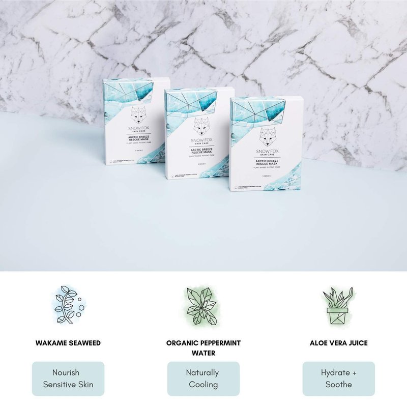 Snow Fox Arctic Breeze Rescue Sheet Mask with Peppermint & Aloe Vera – Cooling Face Mask to Calm & Revitalize Skin and Refresh after Travel – Hydrating Facial Skin Care for all Types – 5 Pack