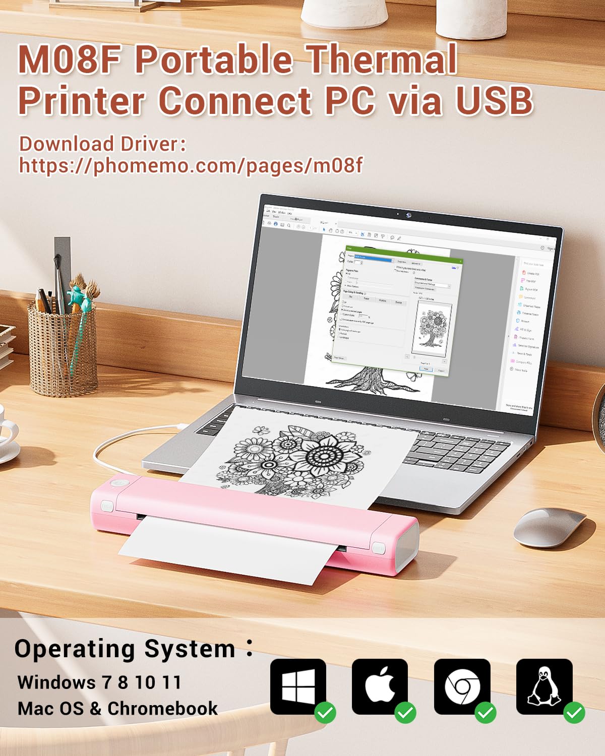 Phomemo Portable Printers Wireless for Travel, M08F Thermal Bluetooth Printer Support for 8.5"x11" US Letter, Small Inkless Printer Compatible with iOS, Android, Laptop for Car, Office, Home