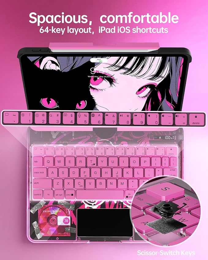 Intermerge Clear Keyboard Case for iPad Pro 13"(M5,2025/ M4,2024), 360° Swivel Multi-Touch Trackpad, 7-Color RGB Backlit, Pencil Holder, Type-C, Power Indicator, Blush Pulse