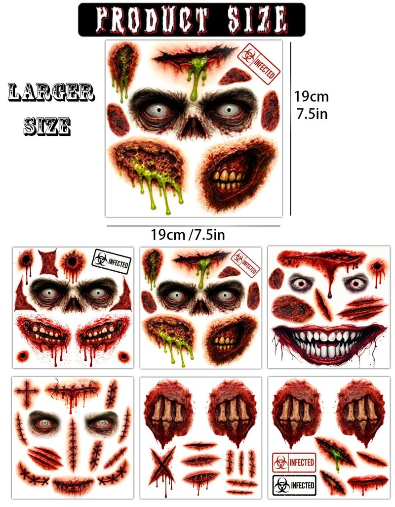 Halloween Zombie Tattoos Kit – 6 Sheets (4 Zombie Tattoos + 2 Wound Tattoos) – Fake Scars Temporary Tattoos for Adults, Women, Men – Realistic Zombie Makeup Kit, Scary Halloween Makeup Accessories (A)