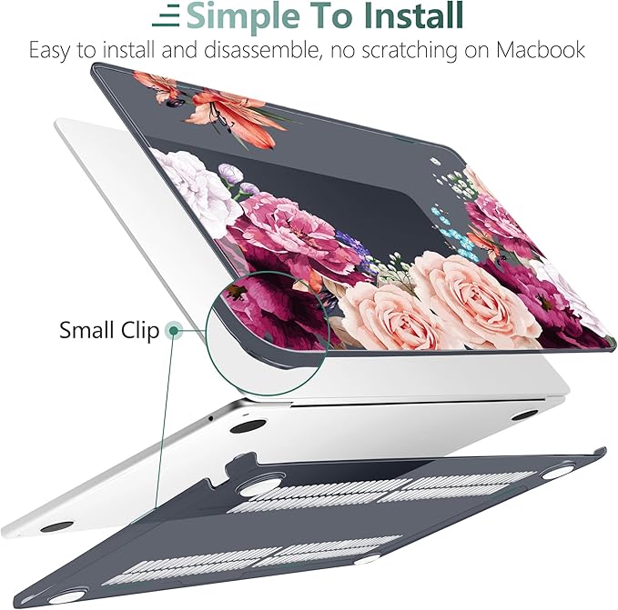 TWOLSKOO for MacBook Air 13 inch Case M5 2026 M4 2025 M3 M2 2024-2022 A3449 A3240 A3113 A2681, Plastic Hard Shell & Keyboard Cover & Screen Film for MacBook Air 13.6 inch Case, Black Peony