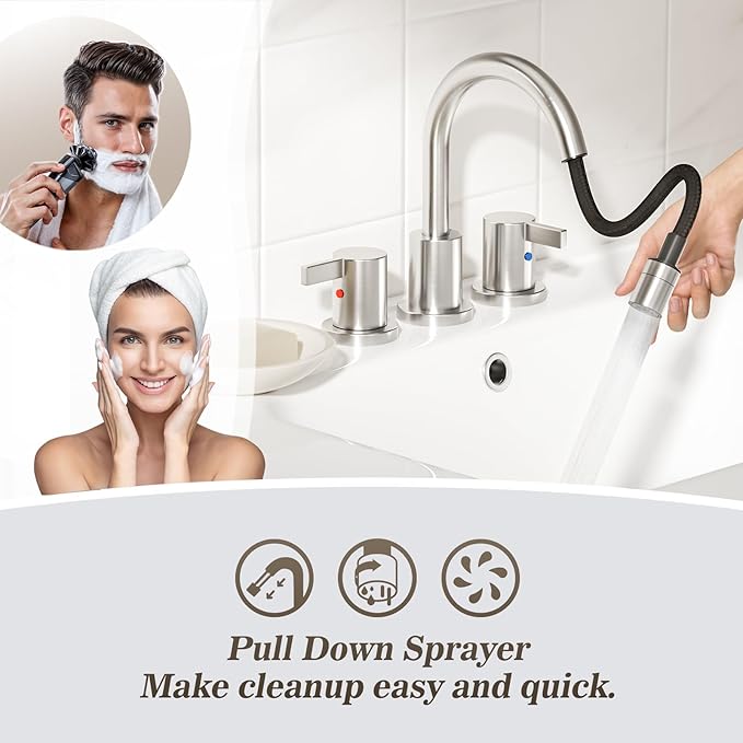 Phiestina Pull Down Sprayer Brushed Nickel Widespread Bathroom Sink Faucet, 8 Inch 2 Handles 3 Hole Pull Out Bathroom Faucet,with Pop Up Drain and Water Supply Line,BF04022-K01-GBN