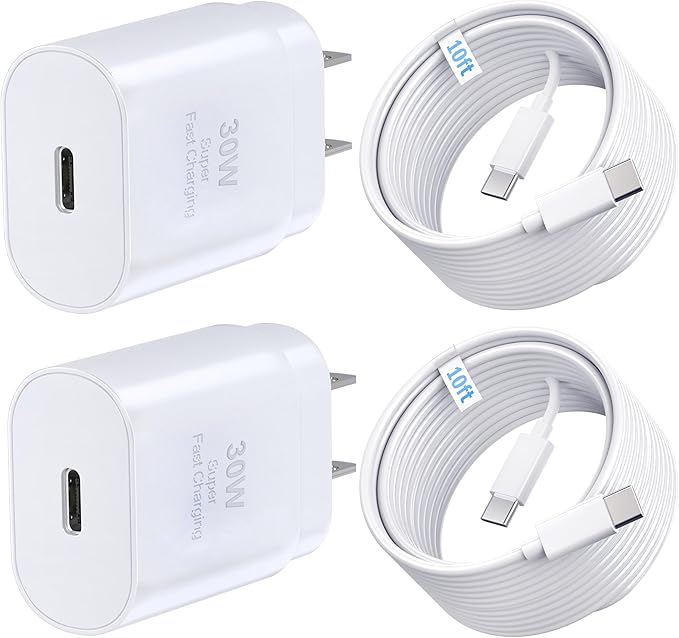 TT&C 2-Pack 30W USB C Charger Set (2X Mini Wall Blocks + 2X 10ft Extra Long Cables), Power PD 3.0 Fast Charging Compatible with iPhone 17, 17 Air, 16, 15, & for Samsung Galaxy S26, S25, White