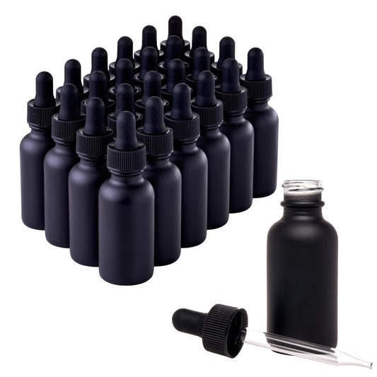 Focus Nutrition Black Boston Round 1 oz Dropper Bottles | Glass Dropper Bottles for Essential Oils & Aromatherapy | Travel Size 1 oz | 24 Pack