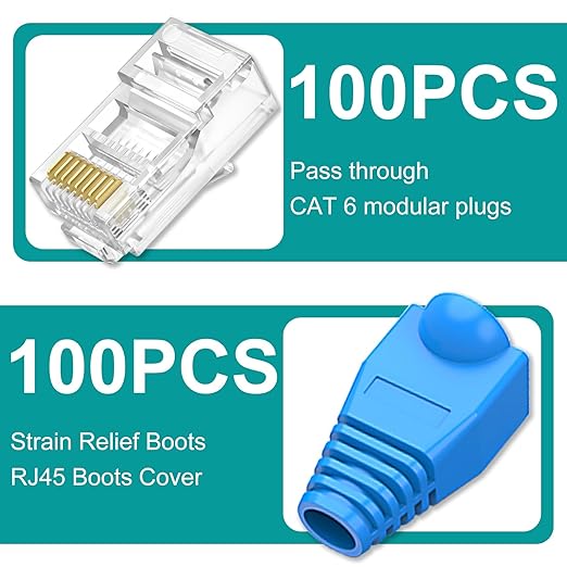 Brileine 100-Pack Cat 6 Pass Through RJ45 Connectors with RJ45 Boots Cover, Simplify Terminations with Ethernet Ends/ Cat6 Ends/ RJ45 Connectors/Cat 6 Connectors/ RJ45 Plugs for Cat6 Cat5e Cables