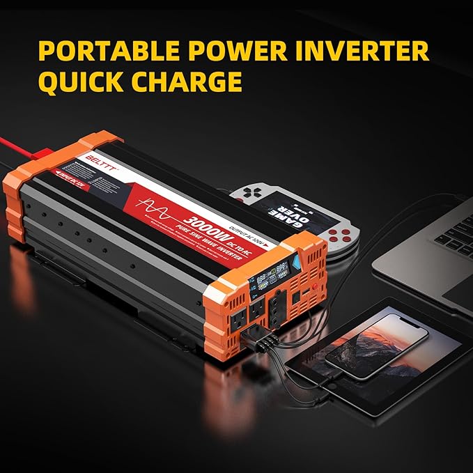 BELTTT 3000W Pure Sine Wave Inverter 12V DC to 120V AC for Solar, Off-Grid, RV, Truck, Home, Power Inverter with Dual AC, 20A Socket, 5V 2.1A USB, Hardwire Port, Remote Controller 23Ft Cable