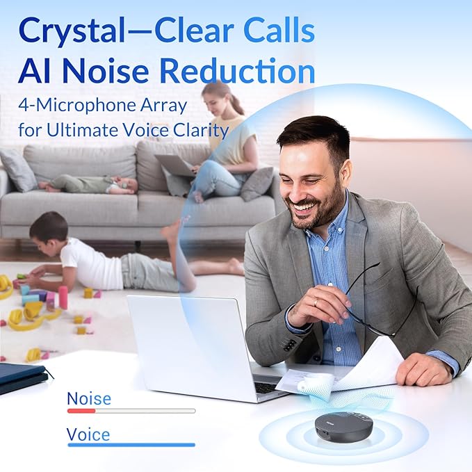 NEWORK Bluetooth Conference Speakerphone with AI Noise Reduction, 4 Mics, 360° Voice Pickup, 2600mAh Battery, Bluetooth/USB-C/Dongle, Daisy Chain for Large Rooms, Compatible with Zoom/Teams/Skype