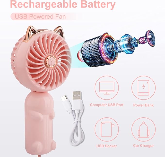 QearFun Handheld Lanyard Fan Portable, Mini Hand Held Fan with USB Rechargeable Battery, 3 Speed Strong Personal Table Fan, 8-12 Hours Small Makeup Fan for Girls Women Travel Beach (Pink)