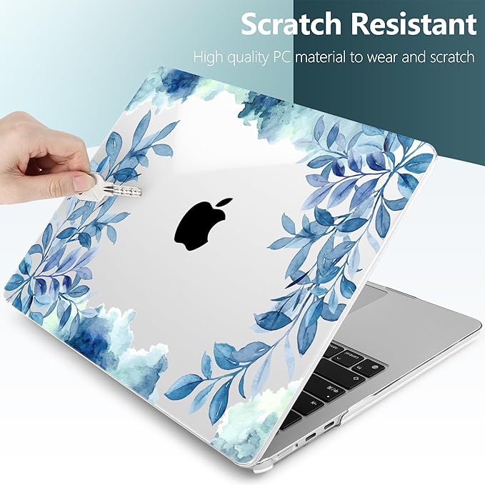 TWOLSKOO for MacBook Air 13 inch Case M5 2026 M4 2025 M3 M2 2024-2022 A3449 A3240 A3113 A2681, Plastic Hard Shell & Keyboard Cover & Screen Film for MacBook Air 13.6 inch Case, Blue Floral
