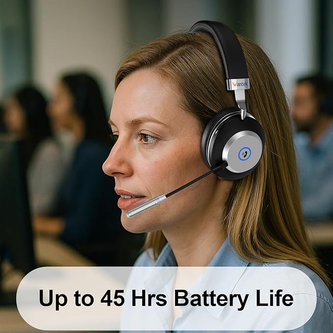 Wantek Wireless Bluetooth Headset with Microphone for Work,45Hrs Playtime with Mute Button,On-Ear Headset with Noise Cancelling Mic for PC,Laptop,Smartphone,Remote Work,Office,Home,Zoom,Skype