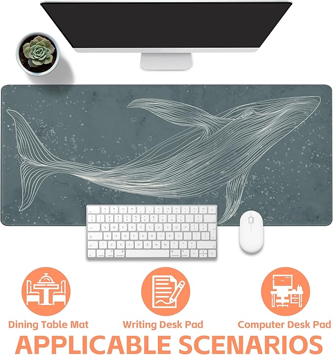 NIYLYNSYN Mouse Pad Large Hand Drawn Whale Non-Slip Gaming Desk Mat with Stitched Edge Laptop Keyboard Desk Pad for Work Home Gaming (35.4 x 15.7 Inches)
