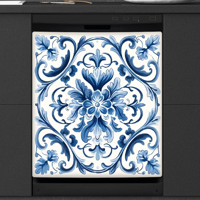 Dishwasher Magnet Cover Blue Flower Paisley Reusable Dishwasher Magnetic Cover Sticker Decorative Dish Washer Door Cover Panel for Home Kitcen Appliance, 21x26 in