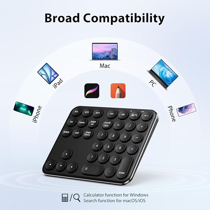 iClever Bluetooth Number Pad, Multi-Device Wireless Numeric Keypad, USB-C Rechargeable, 35 Keys Portable Numpad for Data Entry, Financial Accounting, Compatible with Laptop, Mac, iMac, Tablet, PC