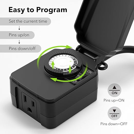 BN-LINK 24 Hour Heavy Duty Mechanical Timer, Outdoor Timer Outlet Waterproof with 30 Minutes Intervals, 1 Grounded Outlets for Christmas Lights Pool Pump,15A 1/2HP, ETL Listed（2 Pack）
