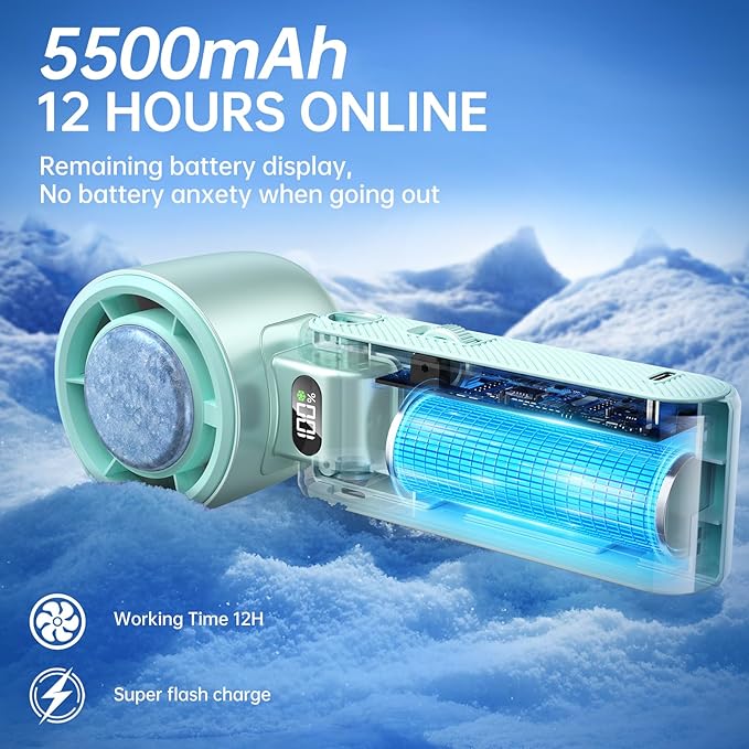 Coolhill Pro Handheld Portable Fan with Ice Cooler: 199-Speed 5500mAh Rechargeable Handheld Fan, 12H Time Hand Cooling Personal Fans with 20000 RPM Air Turbo Tech for Travel Outdoor (Green)