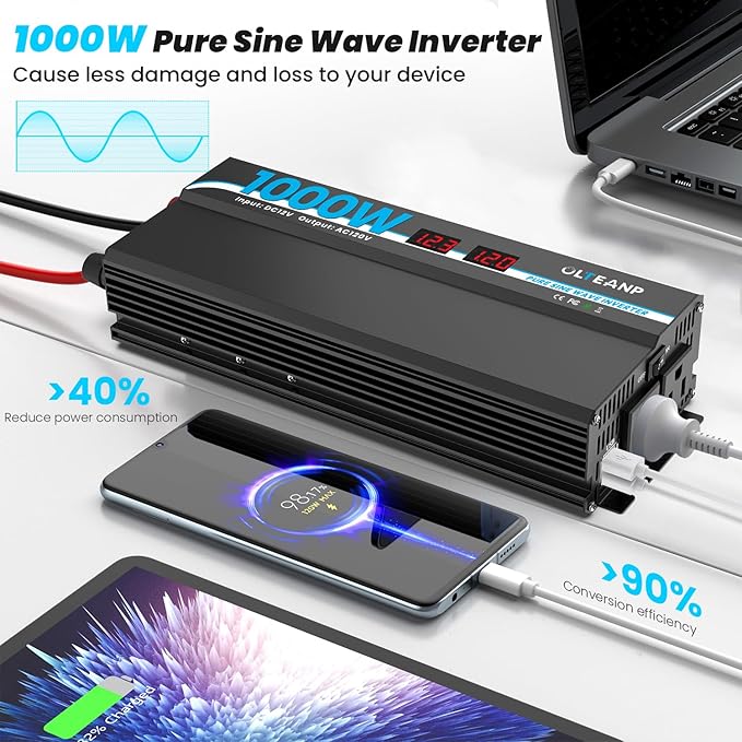 OLTEANP 1000W Pure Sine Wave Power Inverter with 2 AC Outlets, 2 USB Ports, LCD Display, 12V to 110V Car & Home Inverter for Vehicles, Laptop
