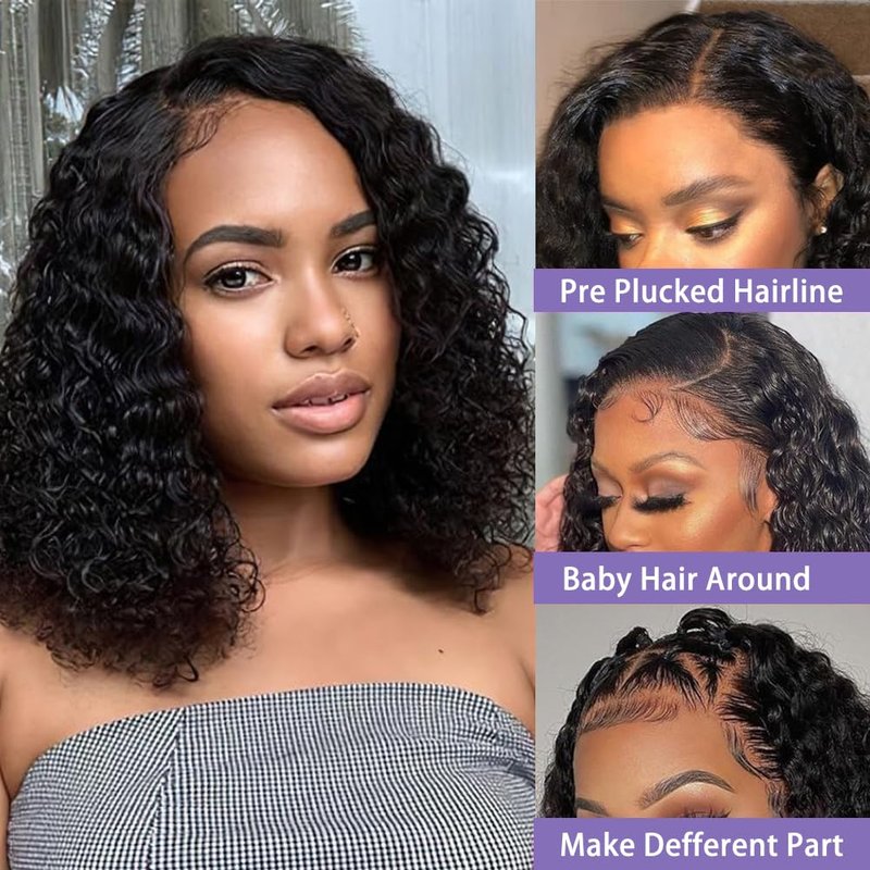 Sungirl Bob Wig Human Hair 13x4 Deep Wave Curly Lace Front Wigs Human Hair For Women Short Bob Wig Pre Plucked with Baby Hair Glueless Hair Curly Wigs Nature Hairline 180% Density 8 Inch