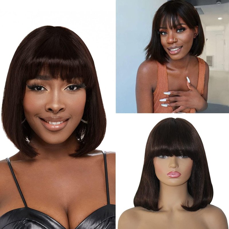 Savasana Bob Wigs for Black Women Human Hair Light Yaki Straight Brown Bang Wigs Glueless 8 Inch