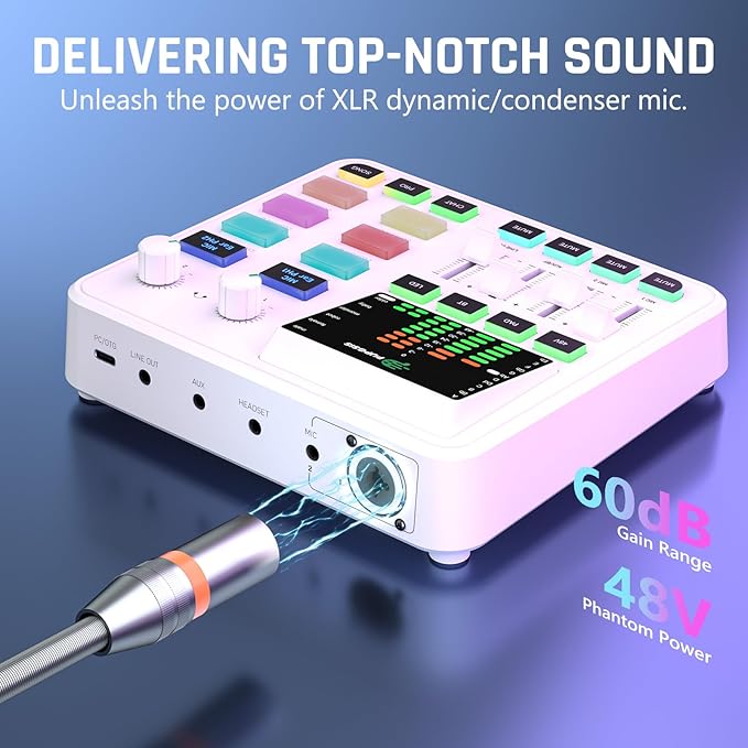 PUPGSIS Gaming Audio Mixer, Audio Interface for PC/Podcast/Streaming, Sound Board with 3.5mm/XLR Mic Input, 48V Phantom Power, Voice Changer, Live Sound Card with DJ Mixer Effects/Bluetooth(White)