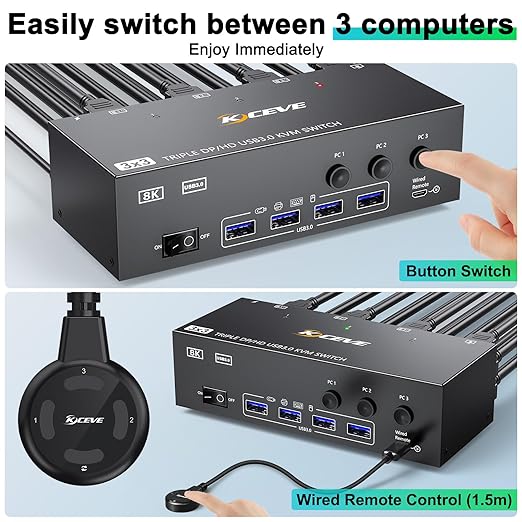 KVM Switch 3 Monitors 3 Computers 8K@60Hz, MLEEDA HDMI + 2* Displayport Triple Monitor KVM Switch with 4 USB 3.0 Ports for Keyboard Mouse Printer, Wired Remote and Power Adapter Included