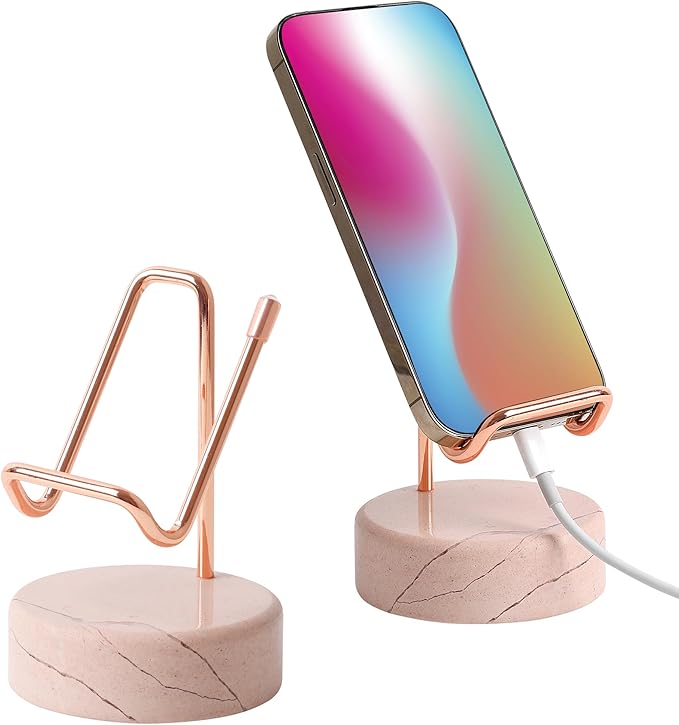 TransMarble Marble Phone Stand with Metal Holder, Charging Available While Using, Swipe Up to Unlock, Made of Natural Marble as Business Card Holder for Office Desk (Rose Pink + Rose Gold)