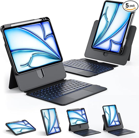 Tiaota Keyboard Case for iPad Air 13-inch (M2 & M3, 2024 & 2025) and iPad Pro 12.9-inch (3–6 Gen) with Multi-Touch Trackpad, 360° Rotating Stand, Portrait & Raised Modes, Detachable Cover – Black