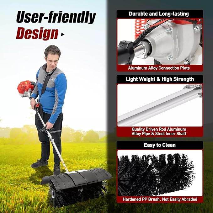 2-Stroke 52CC Handheld Sweeper Power Broom for Artificial Turf, Cleaning Driveway Turf Lawns Grass Gas Powered Sweeping Broom, 2.3HP Single Cylinder Grass Power Brush Lawn Sweeper Cleaner Tools