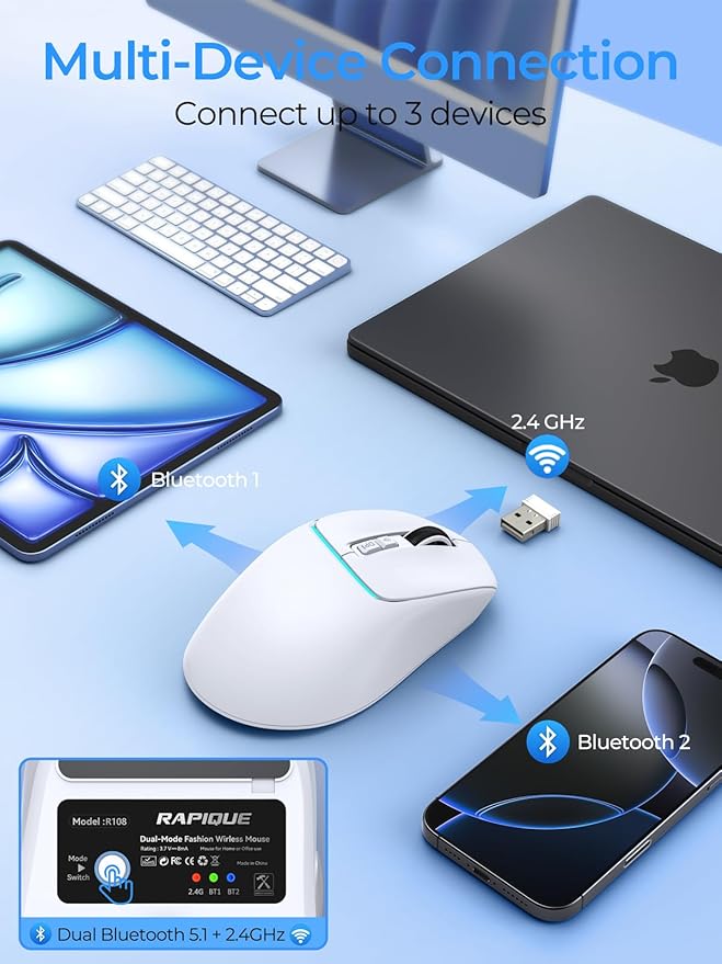 RAPIQUE Wireless Mouse for Laptop, Dual Bluetooth & 2.4G, Multi-Device for 3 Devices, USB-C Rechargeable, Quiet Click, 4 DPI Levels up to 3200, Ergonomic Right-Hand Mouse for MacBook, PC - White