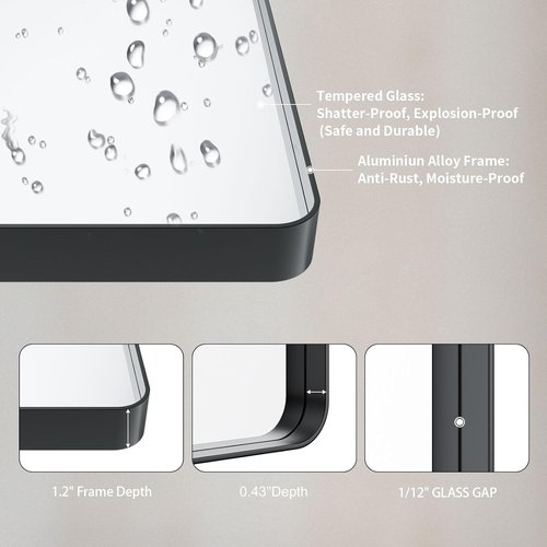 LOAAO Black Metal Framed Bathroom Mirror - 30x30 Inch Large Rounded Rectangle, Anti-Rust, Versatile Hang