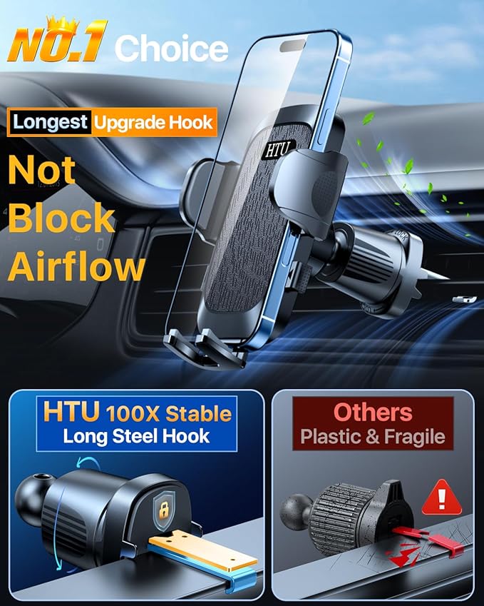 HTU Car Phone Holder【2026 Upgraded 100+LBS Suction & Safety Cert】 Cell Phone Car Mount for Truck Heavy Duty Phone Holder for Dashboard/Windshield/Vent for iPhone 17 16 Pro Max, Jet Black