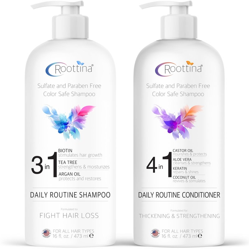 Fights Hair Loss – Roottina Daily Routine Shampoo and Conditioner for Women Hair Loss with DHT Blocker, Formulated for Thinning Hair & Hair Growth Support, Infused with Natural Oils (16 fl oz x 2)