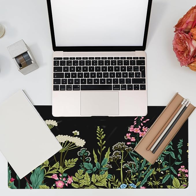 Eflxamz Large Gaming Mouse Pad for Desk,Wildflowers Night Desk Mat,Wild Floral Flower Desk Pad,Extended Big Computer Keyboard Mouse Pad with Non-Slip Base and Stitched Edge,35.4"x15.7"