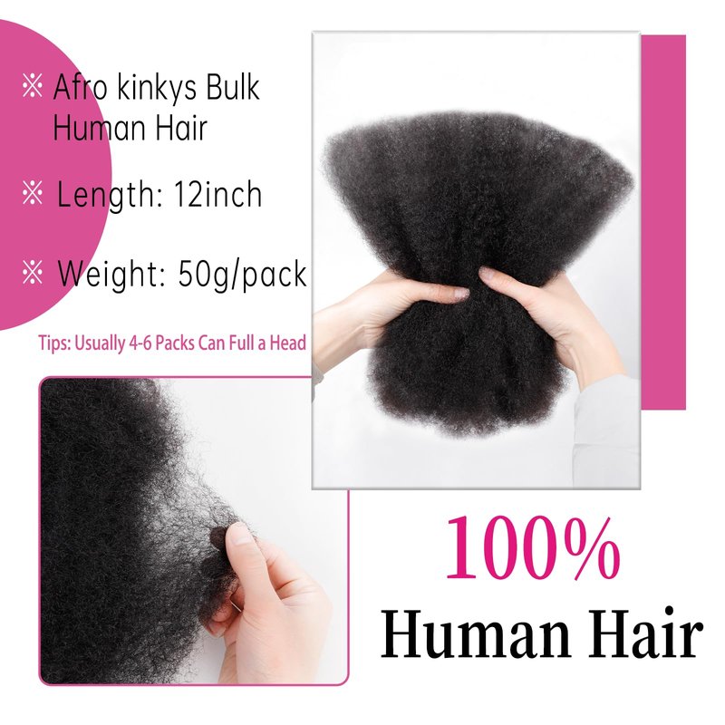 Afro Kinkys Bulk Human Hair For Braiding Afro Kinky-Curly Human Hair Bulk For Mini Twist Hair 12Inchs 50g/pack Bulk Human Braiding Hair For Micro Locs Extensions (1B, 12Inchs,50g/pack)