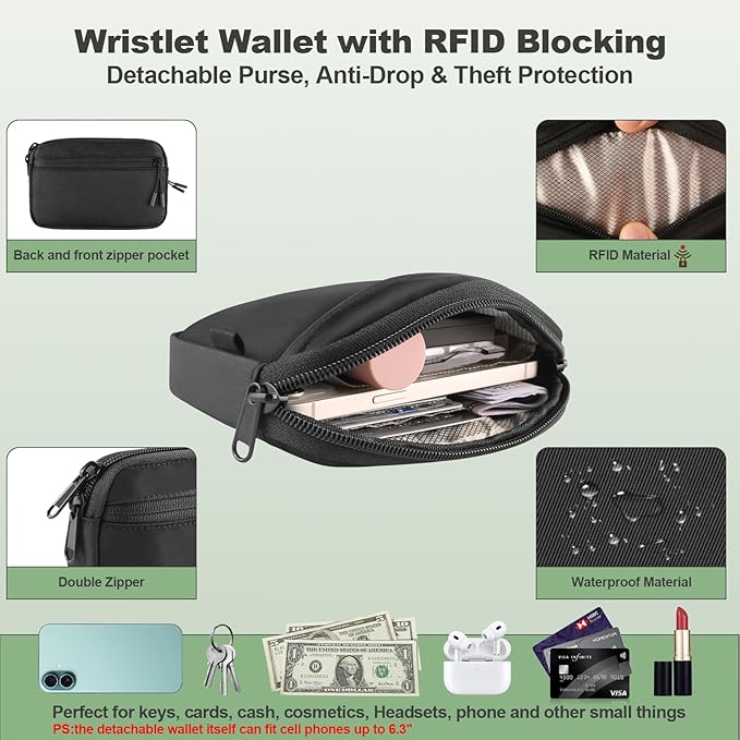YFWE Clip and Go Strap for Phone with Wallet Crossbody, Adjustable Phone Lanyard with Detachable RFID Wristlet Wallet, Universal Phone Strap with 360° Rotatable Phone Tabs for All Phones (Black)