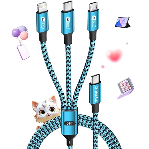 Travel Essentials,Dual Type-C 4 in 1 Multi Charging Cable, 3 FT Universal Charging Cables for All Devices, 2 USB-C/Lightning/Micro USB Port, Compatible with iPhone 17 16/15 Series/Phone/Tablet,Blue