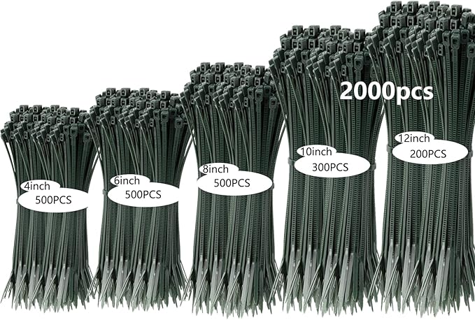 MasiStranth 2000 PCS Zip Ties Assorted Sizes 4+6+8+10+12 Inch Self-locking Nylon Cable ties Outdoor, UV Resistant Wire Straps for Home Office Garden Workshop Indoor Outdoor Fence(garden green)