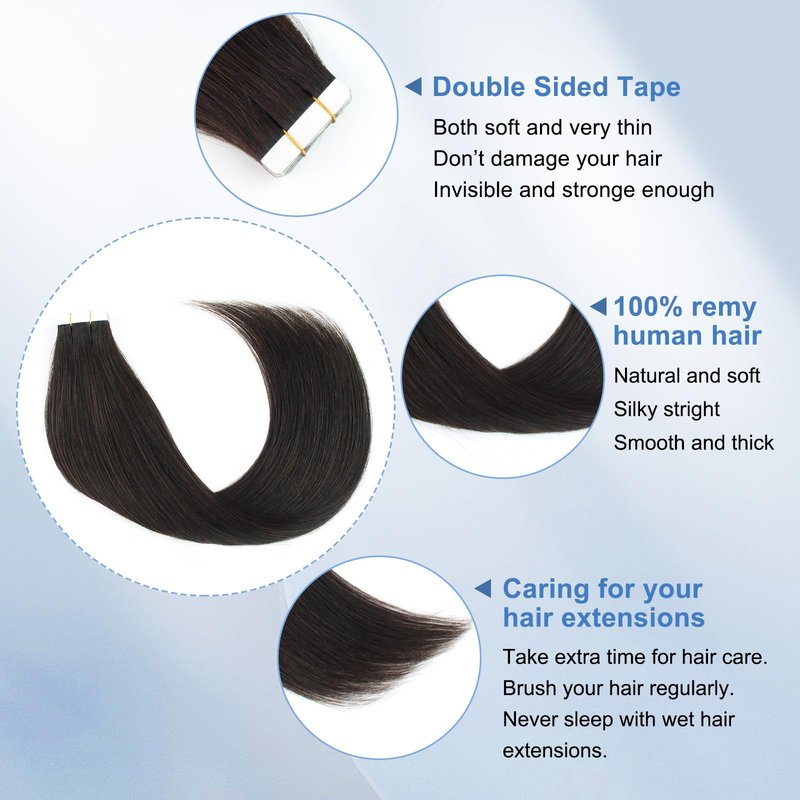 Sixstarhair Semi-Permanent Pre-taped Tape In Hair Extensions Traceable Remy Human Hair New Trend Invisible, Seamless and Reusable, Off Black Tape In Hair [Color 1B#-16inch]