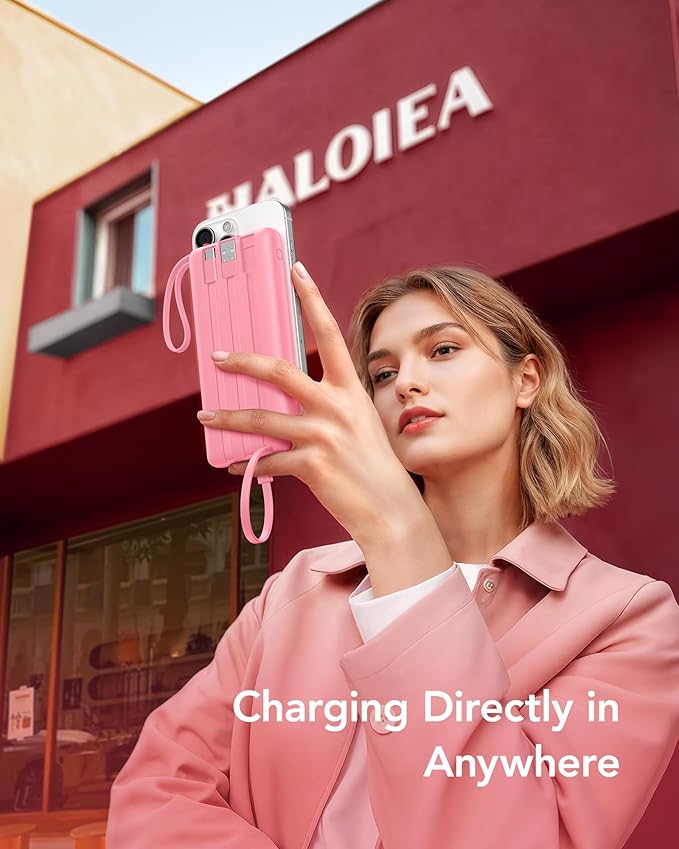 VRURC Portable Phone Charger, Travel Portable Charger with 4 Cables, 5 Outputs Slim USB C Power Bank for Hiking Camping Business, Built-in Cables for Multi Devices,Android-Barbie Pink(1 Pack)