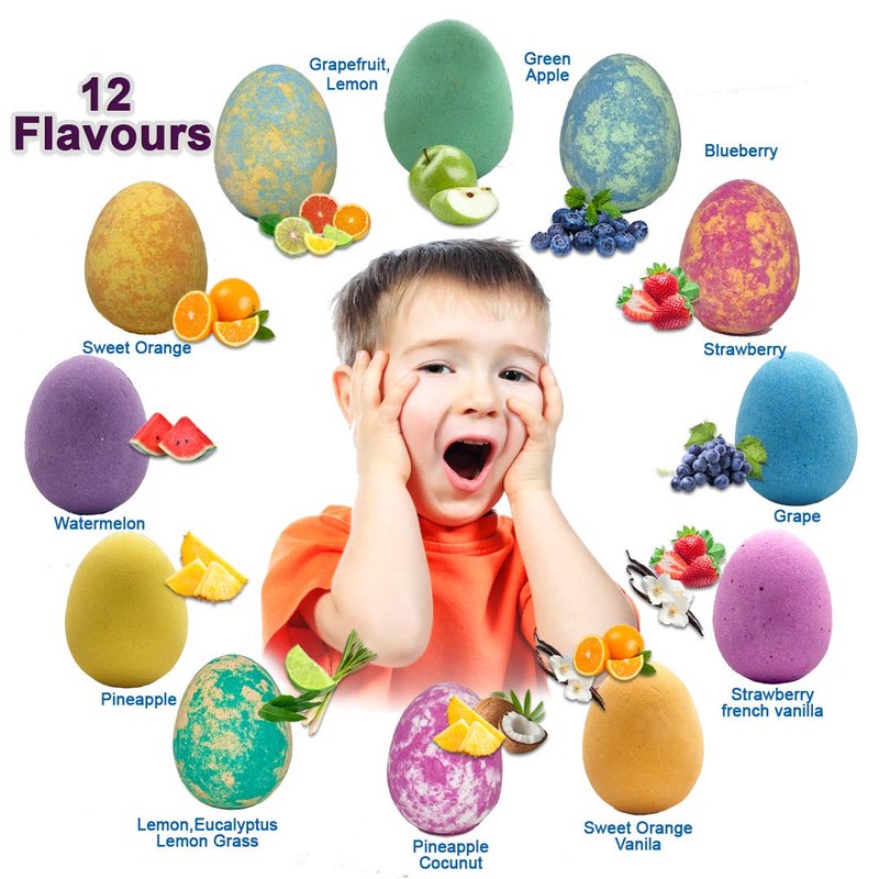 Bath Bombs for Kids with Surprise Inside - 12 Organic Bubble Bath Fizzies with Dragon Egg Toys. Gentle & Kids Friendly w/Rich Bubbles & Rainbow Colors, Birthday Gifts for Boys, Girls