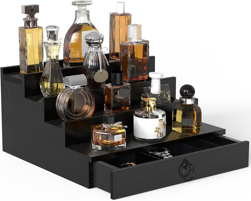 Cologne Organizer for Men - 4-Tier Black Wood Perfume Holder with Felt Lining & Hidden Compartment | Perfect Gift Idea