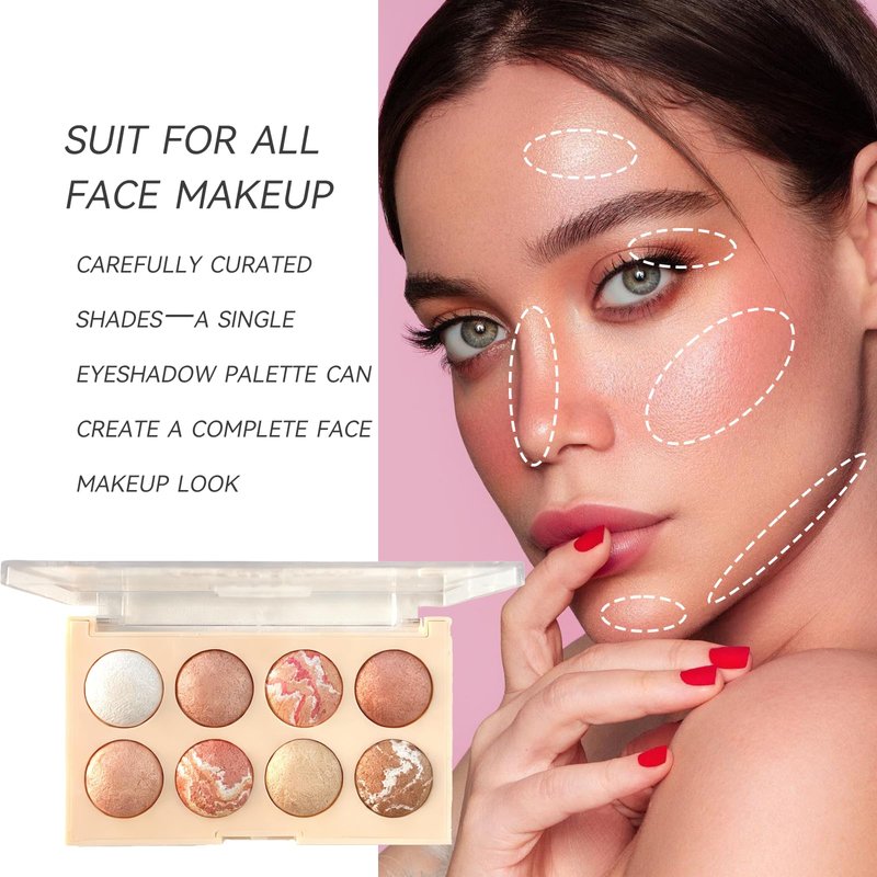 K'APEINE 8 Colors Baked Powder Palette, Pink Gold Brown Face Highlighter Eyeshadow Blush Contour Makeup Palette All Face Baked Makeup Kit Blendable Highlighter for Women Daily, Parties,Festivals-02#