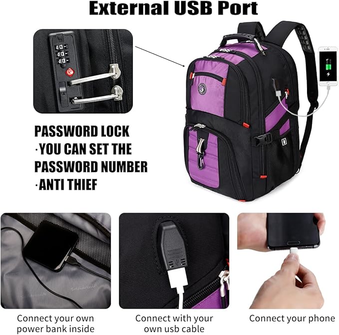 SHRRADOO Extra Large 50L Travel Laptop Backpack with combination lock, College Backpack Airline Approved Business Work Bag Fit 17 Inch Laptops for Men Women,Purple