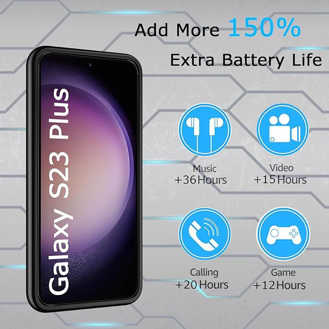 KCKEBLM Battery Case for Galaxy S23 Plus, [12000mAh] Slim Portable Protective Fast Charging Case Backup Power Bank Battery Case Compatible with Galaxy S23 Plus-6.6 inch-Black