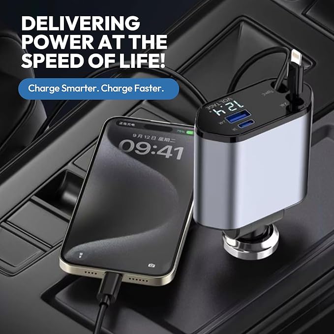JPHASIC 120W Retractable Car Charger 4-in-1 USB-C & Lightning Cable – Fast Charging Adapter for iPhone 16/15/14, Samsung, Android | USB Type-C Port + LED Voltage Display | Multi-Device Car Charger